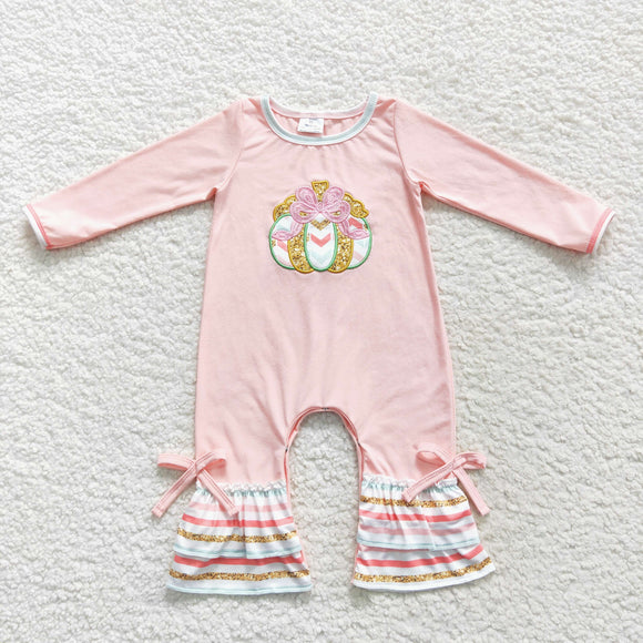 Gold Bow Pumpkin Stripe Pink Girls Fall Romper