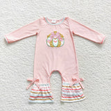 Gold Bow Pumpkin Stripe Pink Girls Fall Romper