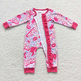 Cartoon Dolls Leopard Hot Pink Girls Fall Romper