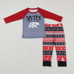 Sister Bear Red Gray Girls Christmas Pajamas