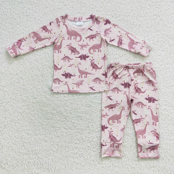 Dinosaur Pink Girls Christmas Pajamas