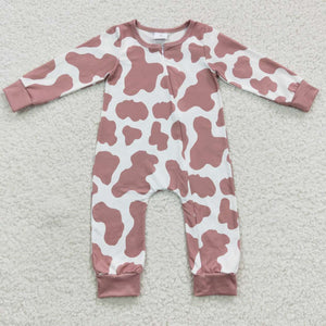 Pink Cow Print White Girls Fall Romper