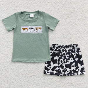 Cows Embroidery Bluish Boys Shorts Sets