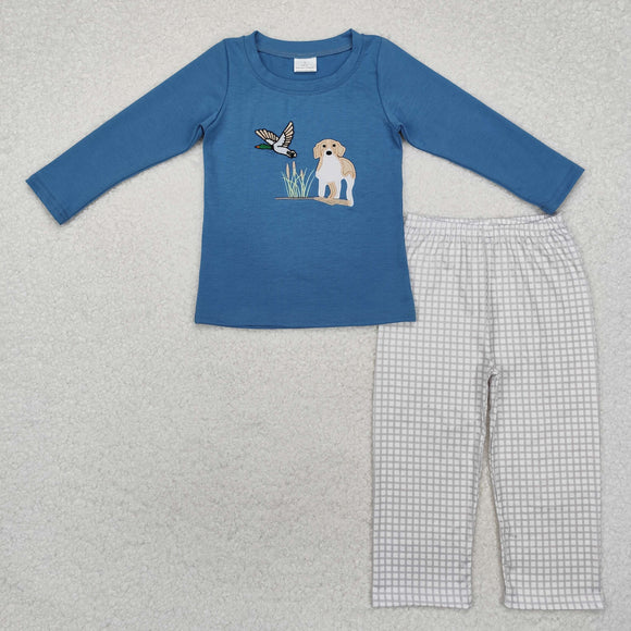 Duck Dog Plaid Blue Boys Long Sleeve+Trousers Sets