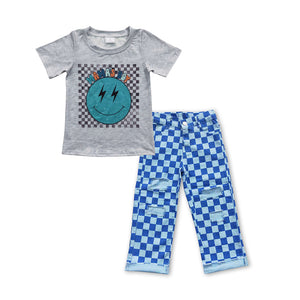 Mama's Boy Smile Blue Plaid Jeans Boys Short Sleeve+Trousers Sets