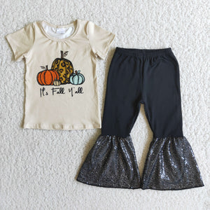 Promotional Fall Yall Pumpkin Black Sequins Girls Short Sleeve+Trousers Sets