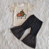 Promotional Fall Yall Pumpkin Black Sequins Girls Short Sleeve+Trousers Sets