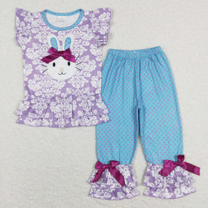 Promotional Bunny Polka Dots Purple Blue Girls Easter Outfits