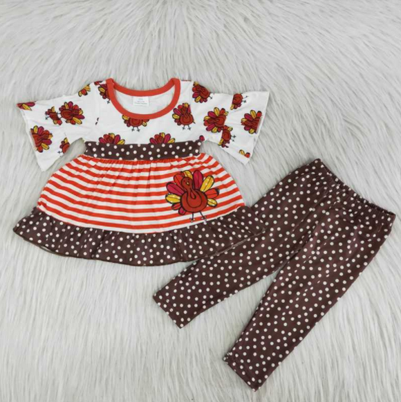 Promotional Turkey Polka Dots Brown Girls Thanksgiving Outfits