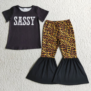 Promotional Sassy Leopard Black Girls Short Sleeve+Trousers Sets