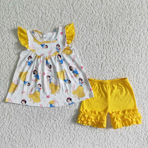 Promotional Cartoon Princess Yellow Girls Shorts Sets