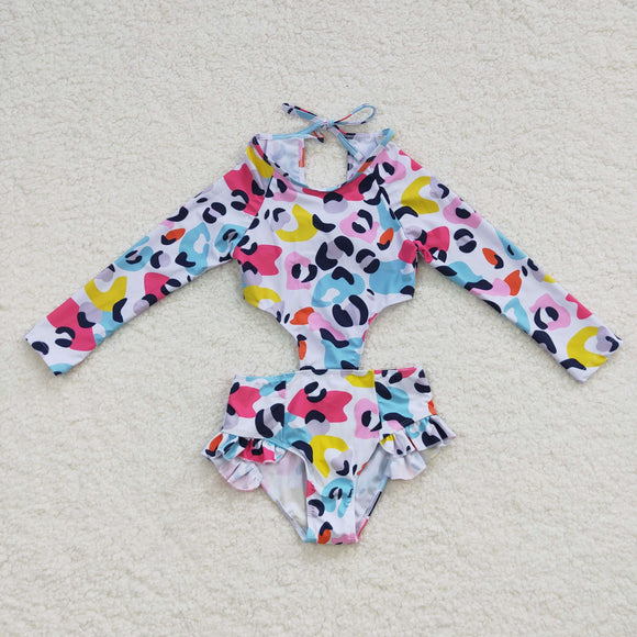 Colorful Leopard Print White Girls Swimsuits