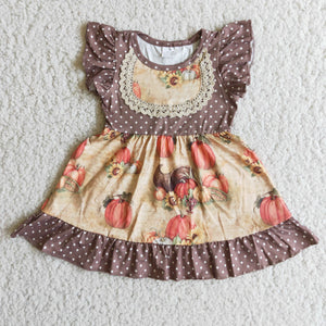 Promotional Pumpkin Brown Girls Short Sleeve Dress