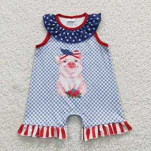 Cute Pig Stars Plaid Girls 4th of July Romper