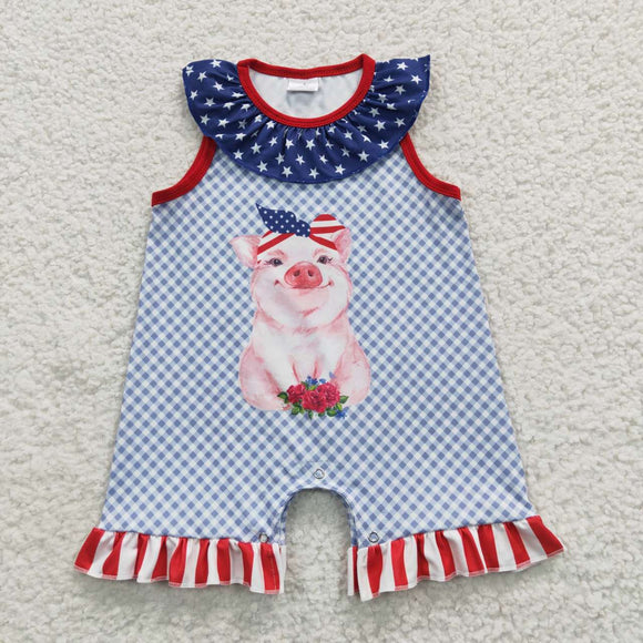 Cute Pig Stars Plaid Girls 4th of July Romper