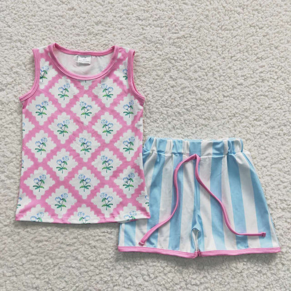 Floral Plaid Sky Blue Stripe Girls Shorts Sets