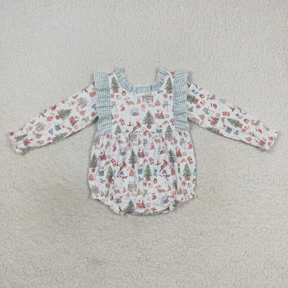 Snowman Plaid Ruffles White Girls Christmas Romper