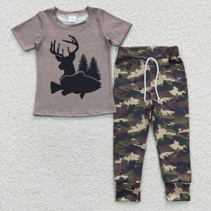 Jungle Hunting Deer Fish Camo Boys Short Sleeve+Trousers Sets