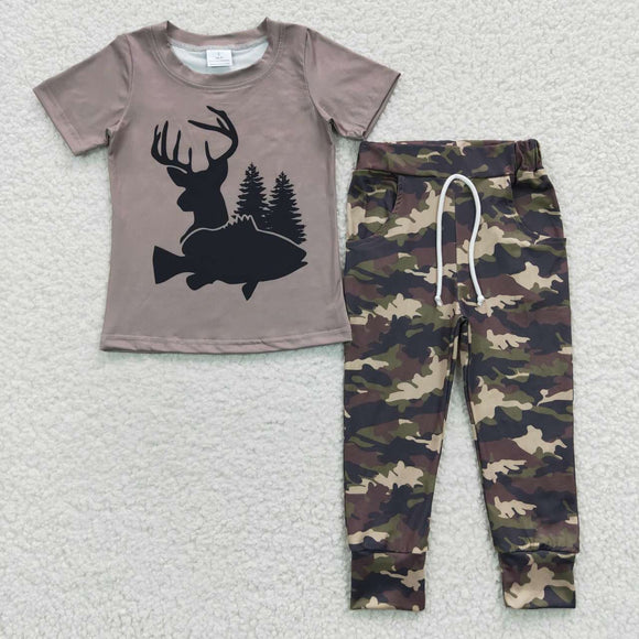 Jungle Hunting Deer Fish Camo Boys Short Sleeve+Trousers Sets