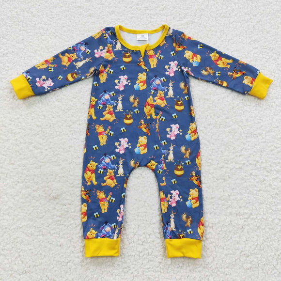 Cartoon Bear Yellow Navy Boys Fall Romper