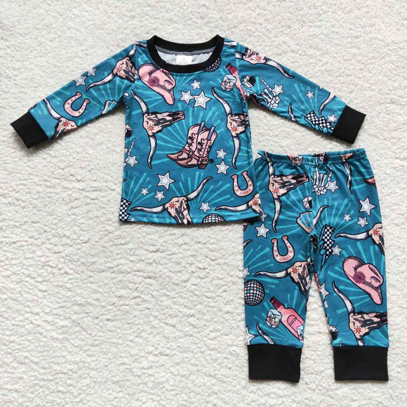 Promotional Highland Cow Stars Blue Boys Long Sleeve Pajamas