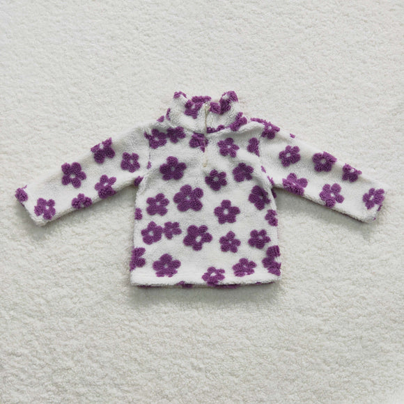 Purple Floral White Kids Pullover Plush Coat