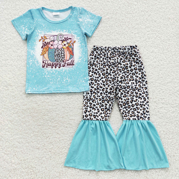 Pumpkin Happy Fall Blue Girls Short Sleeve+Trousers Sets