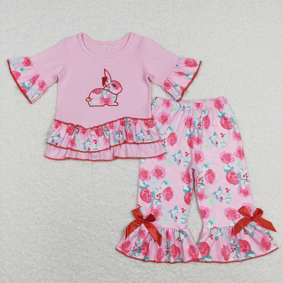 (12-18M--7-8T) Bunny Floral Pink Ruffles Girls Easter Outfits