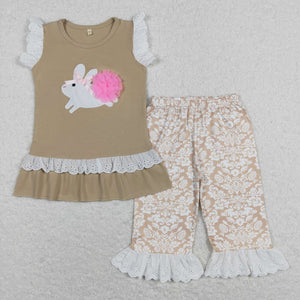 (12-18M--7-8T) Bunny Lace Ruffles Brown Girls Easter Outfits