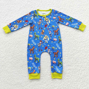 Cartoon Cowboy Yellow Blue Boys Fall Romper