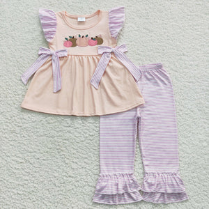 Pumpkins Purple Stripe Bows Girls Short Sleeve+Trousers Sets