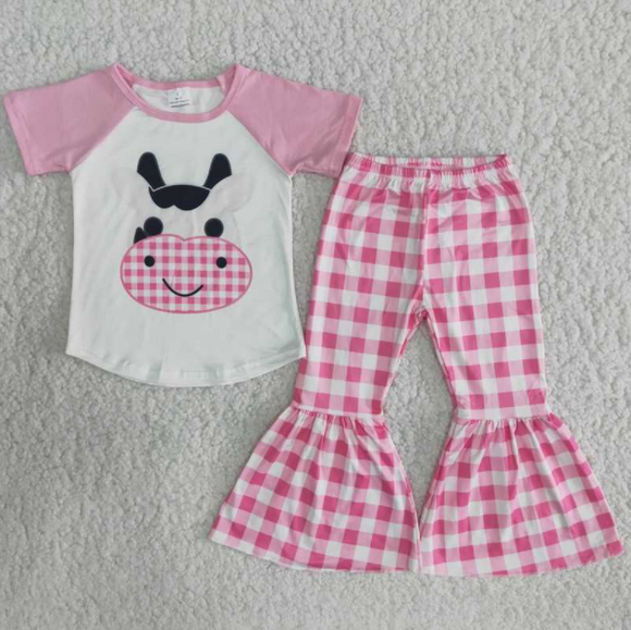 Promotional Cow Pink Plaid Girls Short Sleeve+Trousers Sets