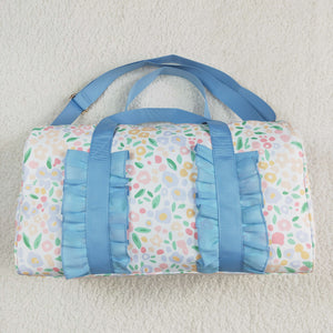 Floral Leaves Blue Ruffles White Gym Bag