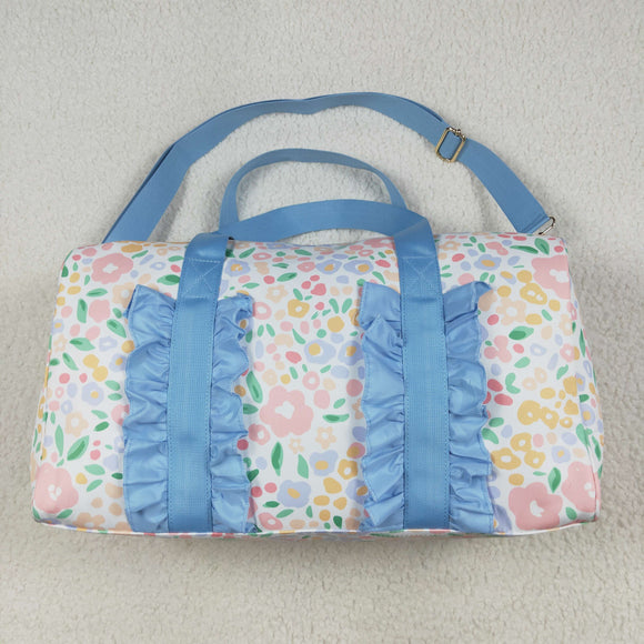 Floral Leaves Blue Ruffles White Gym Bag