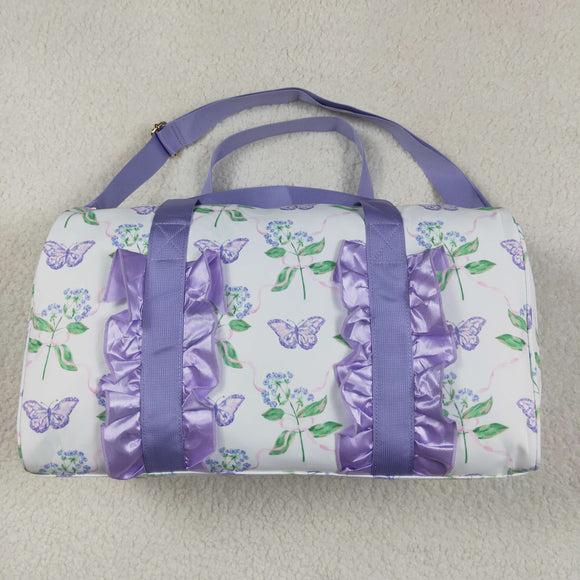 Butterfly Hydrangea Floral Leaves Purple Ruffles White Gym Bag
