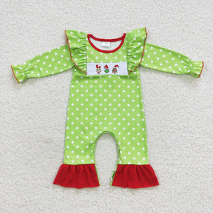 Cartoon Polka Dots Green Red Girls Christmas Romper