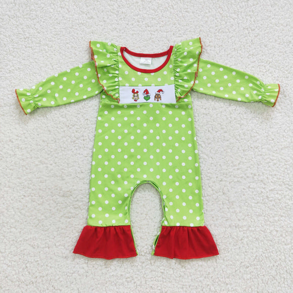 Cartoon Polka Dots Green Red Girls Christmas Romper