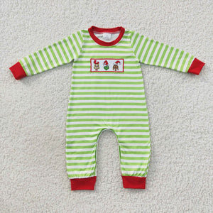 Cartoon Stripe Green Red Boys Christmas Romper