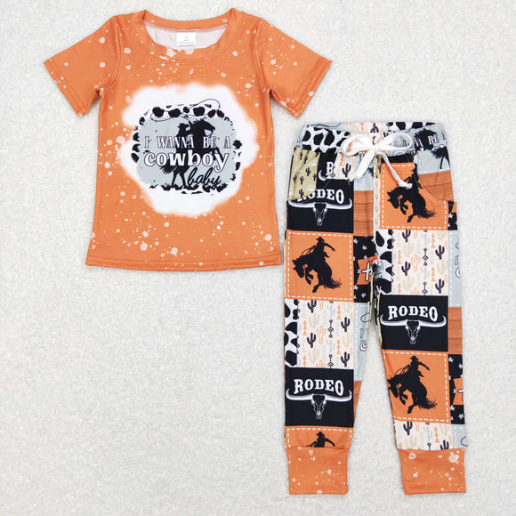 Cowboy Rodeo Plaid Orange Boys Short Sleeve+Trousers Sets