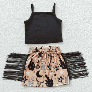 Highland Cow Star Black Tassels Girls Skirt Sets