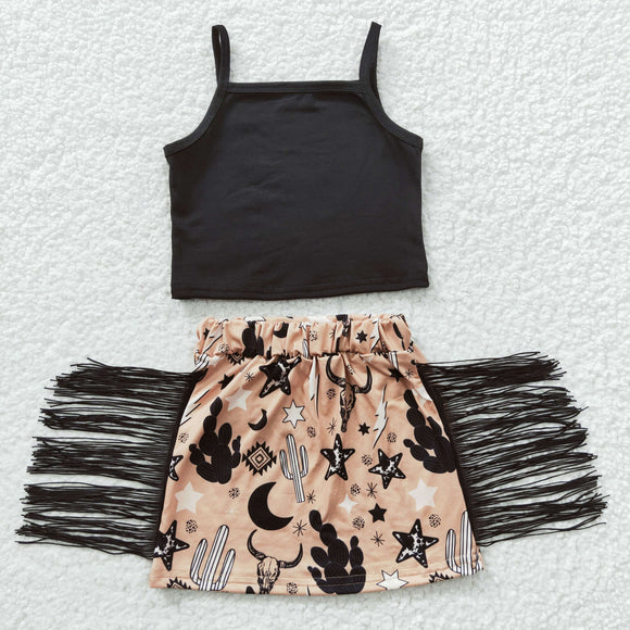 Highland Cow Star Black Tassels Girls Skirt Sets