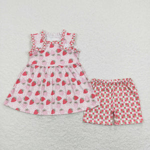 Strawberry Plaid Girls Shorts Sets