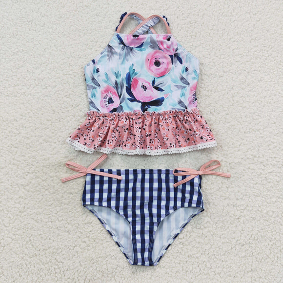 Floral Lace Ruffles Navy Plaid Girls Swimsuits