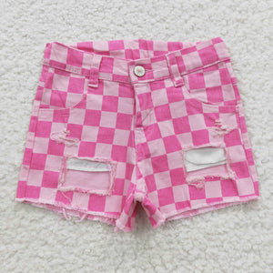 Hot Pink Plaid Ripped Jeans Denim Shorts