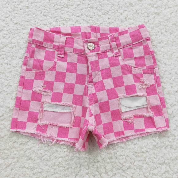 Hot Pink Plaid Ripped Jeans Denim Shorts