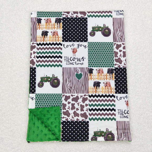 Tractor Cows Green Plaid Blankets