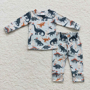 Dinosaur Sky Blue Boys Christmas Pajamas