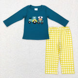 Truck Cow Yellow Plaid Blue Boys Long Sleeve+Trousers Sets