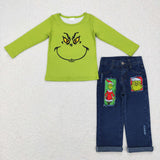 Cartoon Green Ripped Denim Boys Christmas Outfits