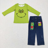 Cartoon Green Ripped Denim Boys Christmas Outfits